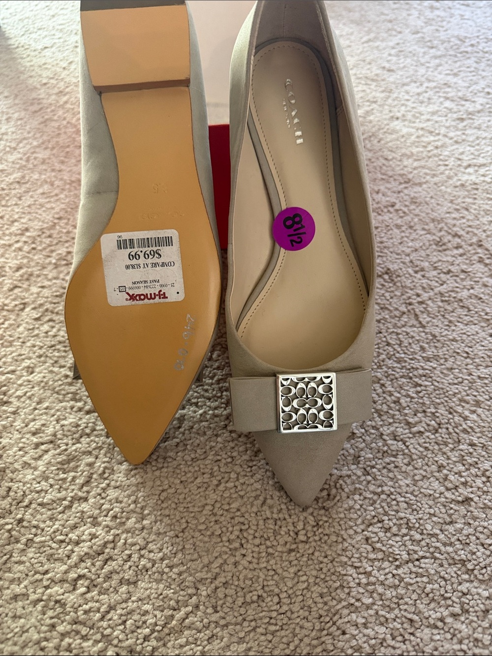 Coach Taupe Pointed Toe Bow Flats with Silver Signature Accent